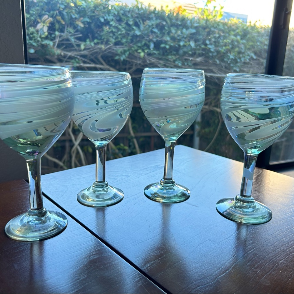 4 Handblown Eco-Friendly Wine Glasses Iridescent Reflections, "White Threads"